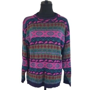 Vintage 80s Womens Multicolor Geomteric Sweater Maximalist Fairy Kei Kawaii Fun